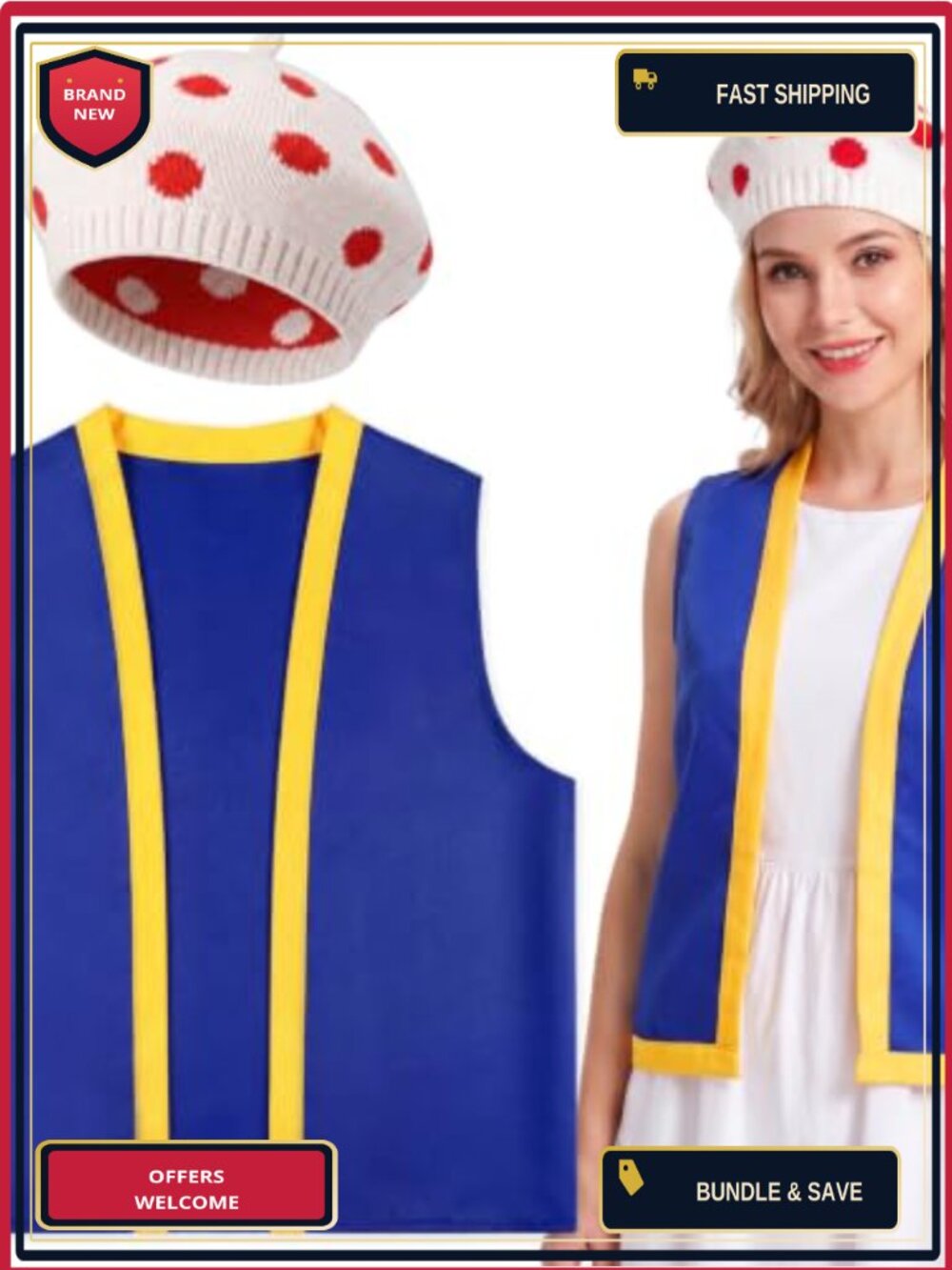 Mushroom Costume Set Adult Vest & Spotted Hat Halloween Cosplay